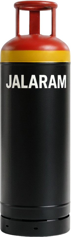 Jalaram Ammonia gas cylinder — Black body, red valve guard, yellow band